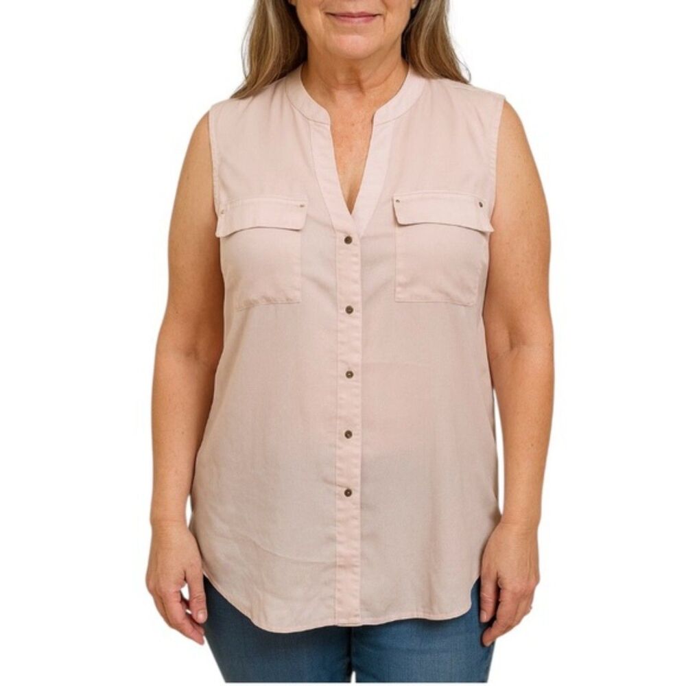 Penelope Women’s Sheer Sleeveless Blush Button-Up Blouse | Size XL